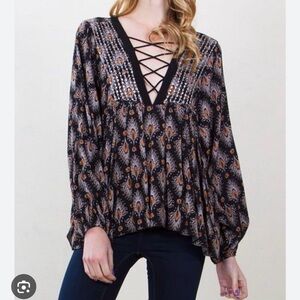 Sugar Lips Criss Cross Peasant Blouse Sequin Bohemian Top